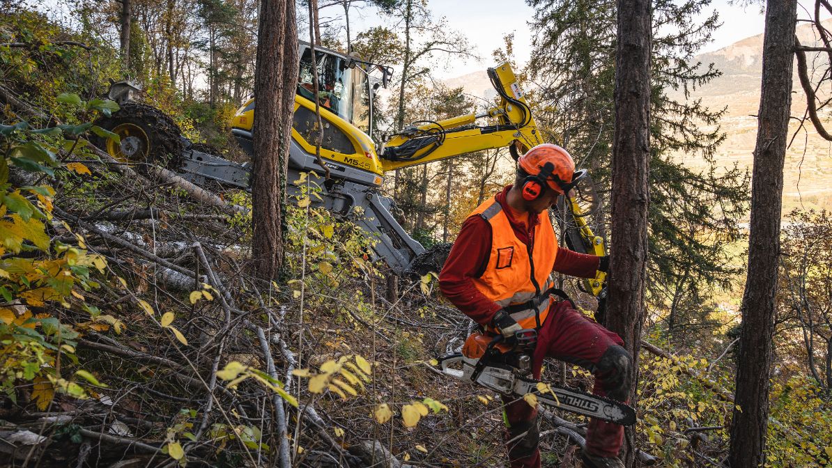 Ouverture d’un accès pour la pelle mécanique au pylône 135 à Bramois, le 9 novembre 2018